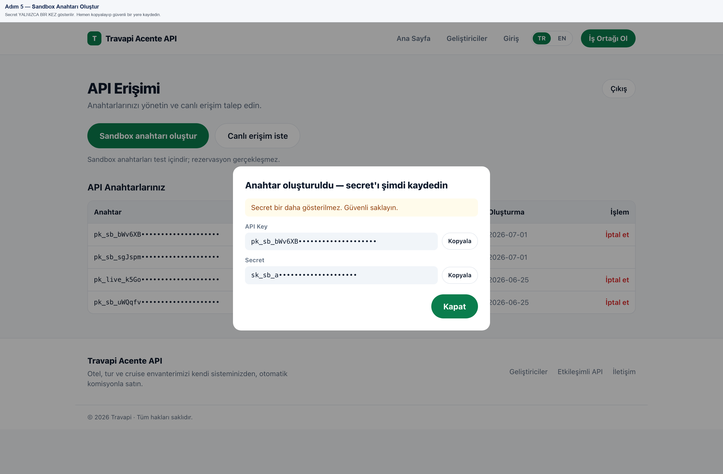 Sandbox anahtarı ve secret